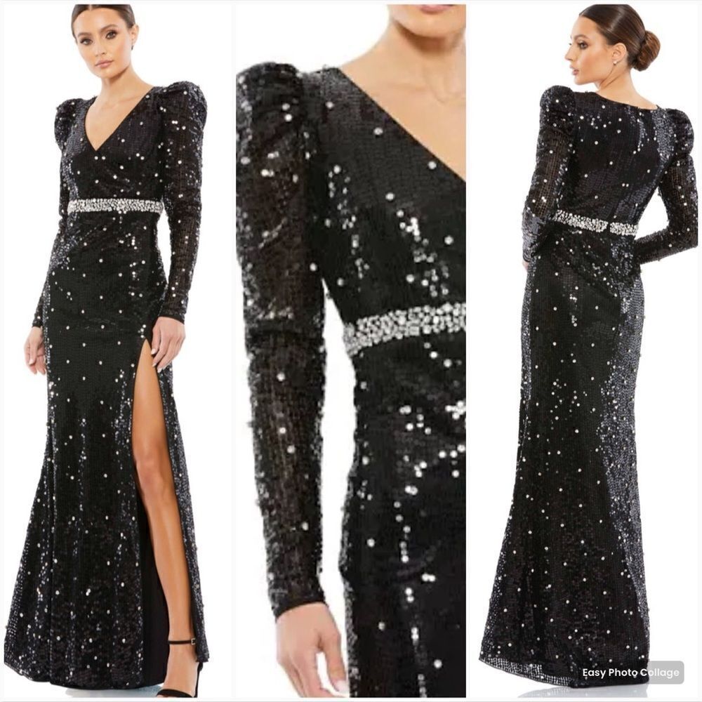 Mac Duggal 10736 Womens Sequin Faux Wrap Sequined Long Sleeve Gown